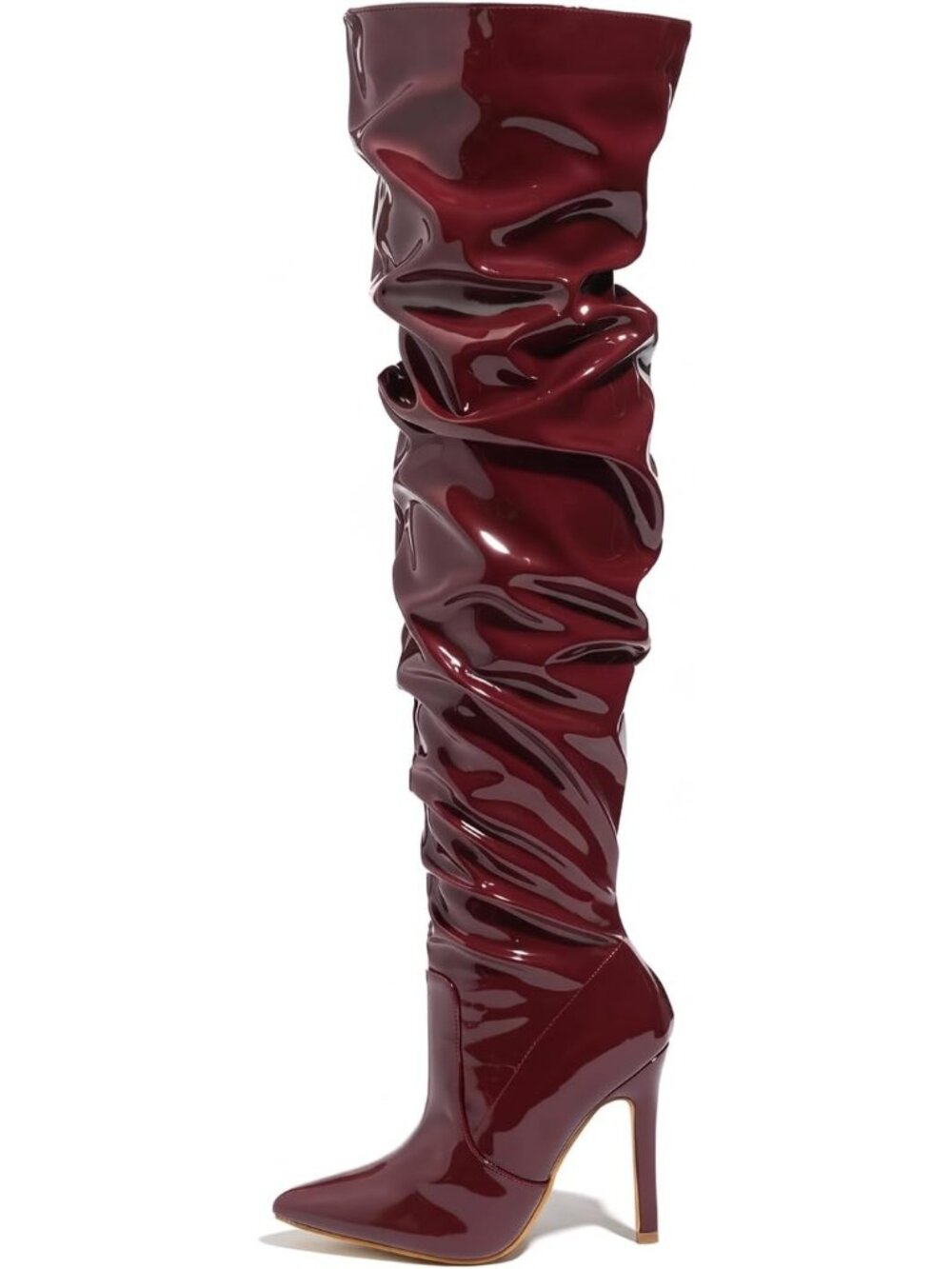 Women's Burgundy Pointed Toe Stiletto Heel Side Zipper Dress Thigh High Boots